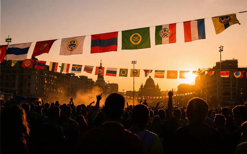 墨西哥城街头广场的球迷氛围，彩旗与夕阳，高饱和纪实摄影风格，象征2026联合主办的热度